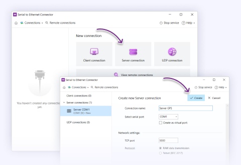 Select “Server connection” on the host, and the “RAW data” protocol