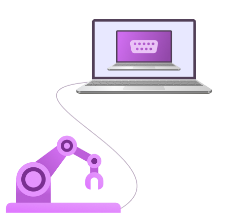 A laptop simulates another laptop, with a connected serial device