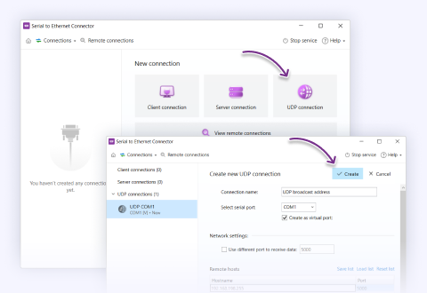 Selecione “Conexão UDP” e configure-a