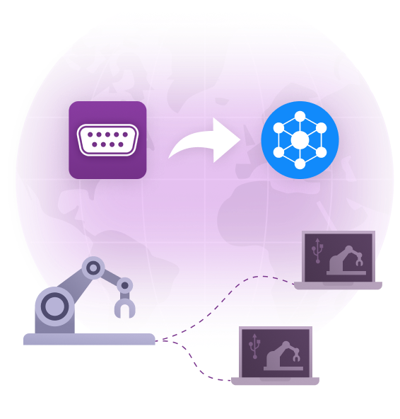 Serial port equipment changing to USB. FlexiHub logo and Serial to Ethernet Connector logo.